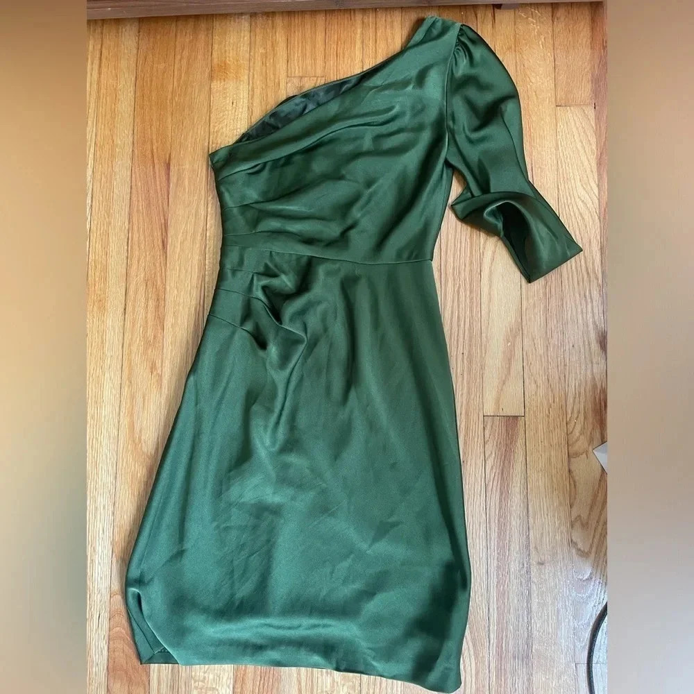 BCBG MAXAZRIA-Green One-Shoulder Draped Bodycon Short Dress Side Zip 02 cocktail - Picture 7 of 7